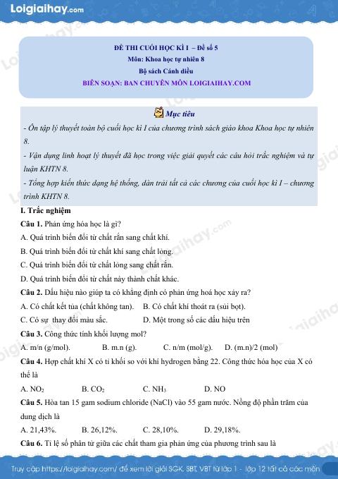 Đề thi học kì 1 KHTN 8 Cánh diều - Đề số 5